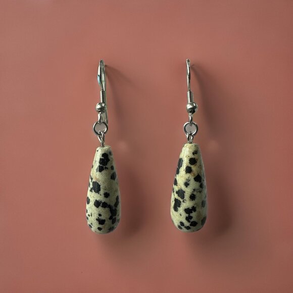 Earrings Dalmatian Jasper Tear drop shaped gemstone jewelry fashion accessories - Picture 3 of 5